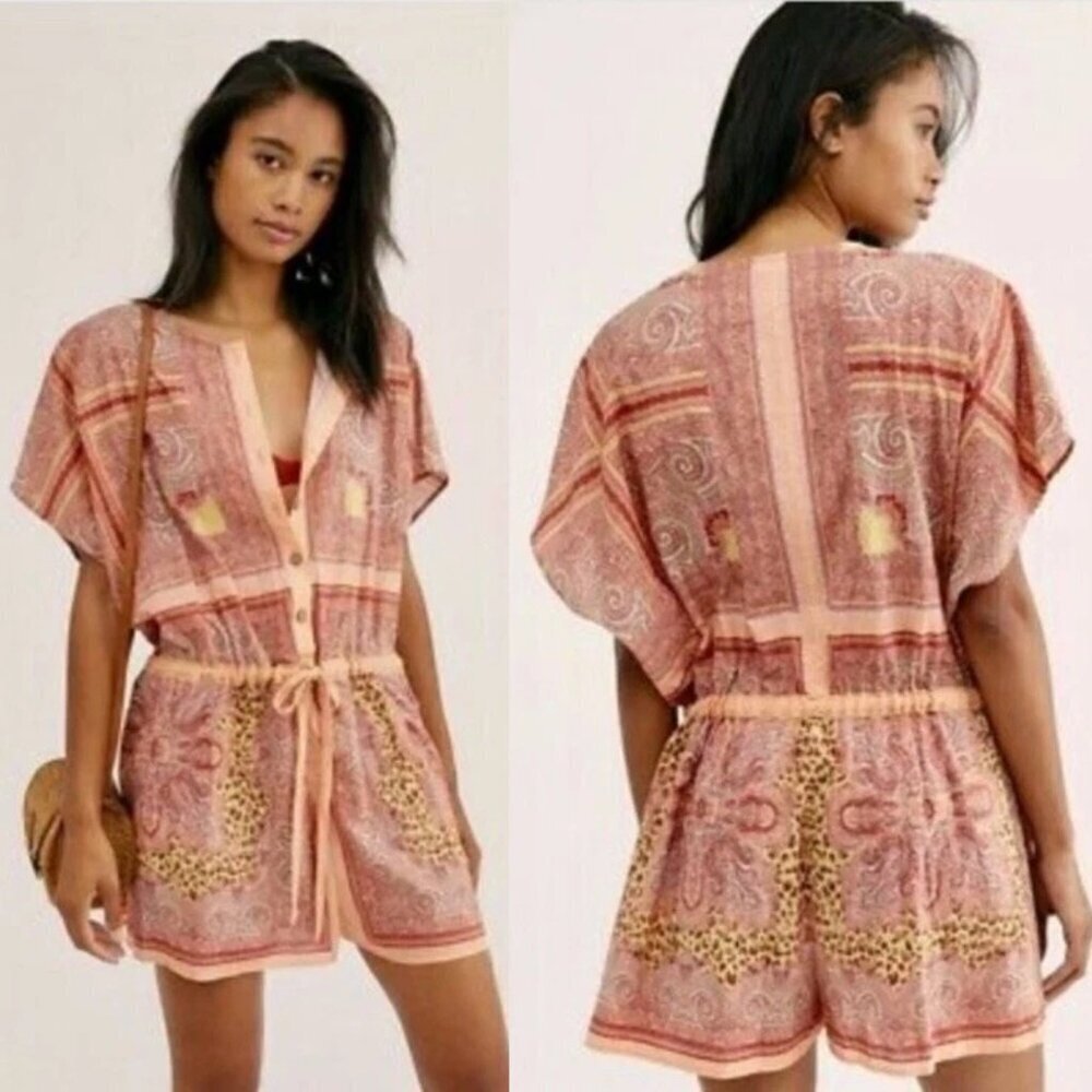 Free People Intimately Paisley Leopard Print Short Sleeve Romper - 37618